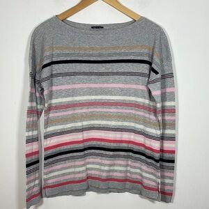 Talbots Striped Gray Pink Sweater Medium Cotton Rayon Cashmere Lightweight